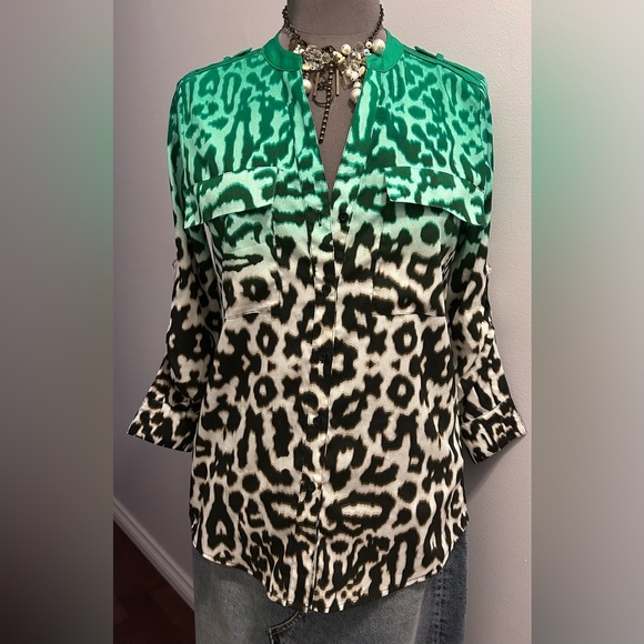 Calvin Klein Tops - Calvin Klein Teal & Black Leopard Ombré Blouse buttoned Sleeve